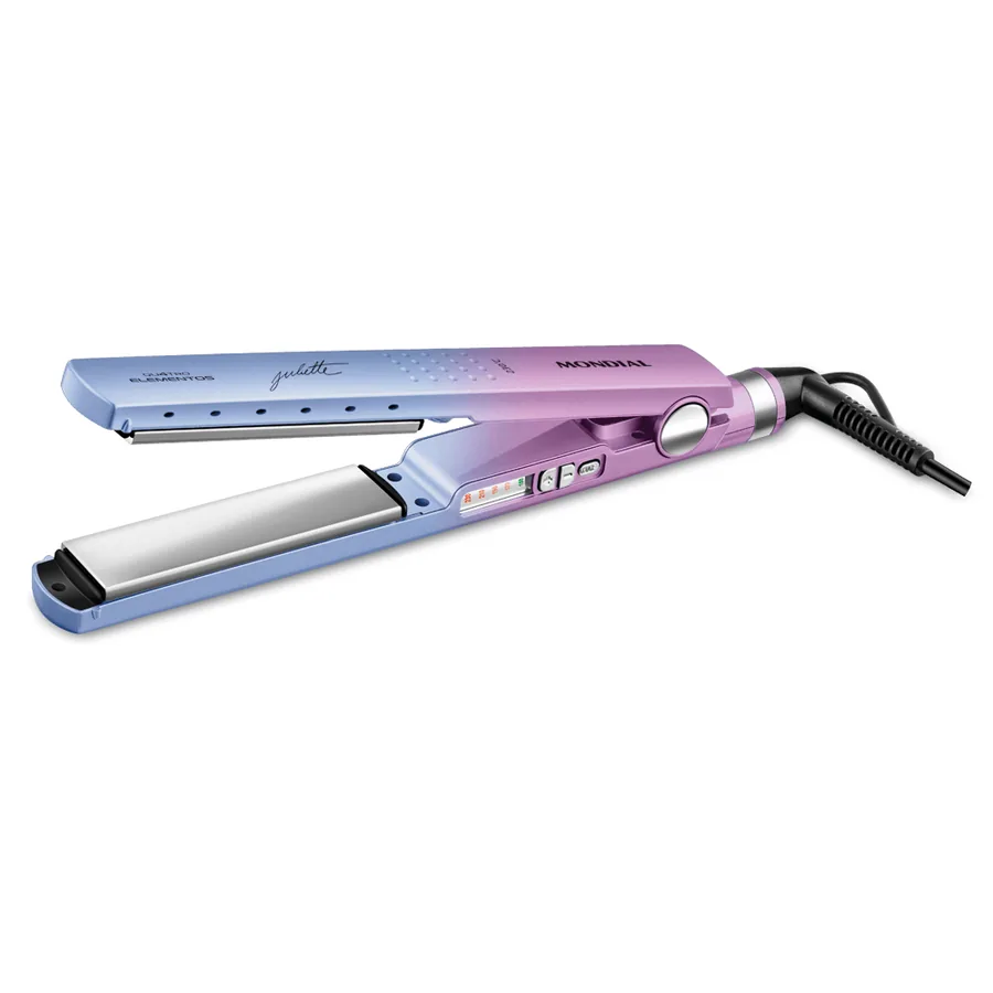 Prancha Mondial P-JU-03 azul e rosa aberta, com o visor e o cabo giratório